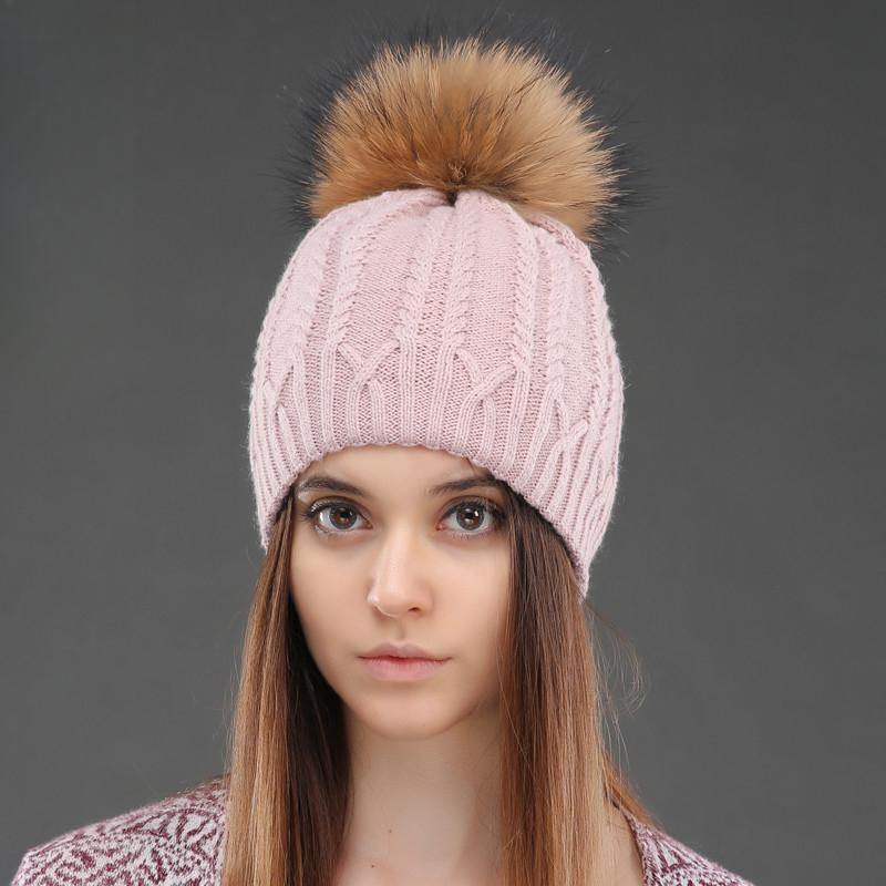 Damen Wintermütze aus gestrickter Wolle mit natürlichem Waschbärpelz, doppelstöckig, warme Mützen, weibliche Pom-Pom-Mützen, Damenmode, Skullies & Beanies