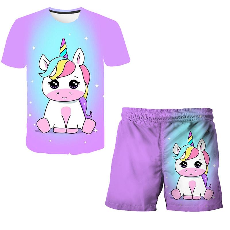 Kinder Mädchen Kleidung Einhorn Baby Beliebte Druck 3D Schöne Mode T-shirt + Kurze Hosen Set Cartoon T-shirt 2pcs Kinder Anzug 160