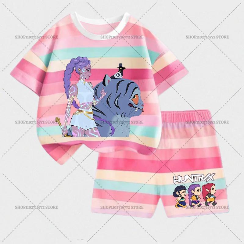 KPop Dämonenjäger Kinder Kurzarm Shorts Set Mode Sommer Kinderkleidung Junge Baby Baumwoll T-Shirt Hose Outfits Mädchen Trainingsanzüge 140cm