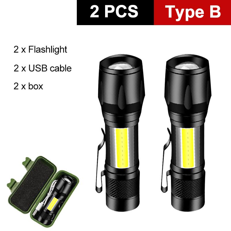 Outdoor Mini Tragbare T6 Taschenlampe USB-Aufladung Kleine Taschenlampe Outdoor LED Campinglicht Arbeitsleuchte mit COB Seitenlichtern With box 2PCS