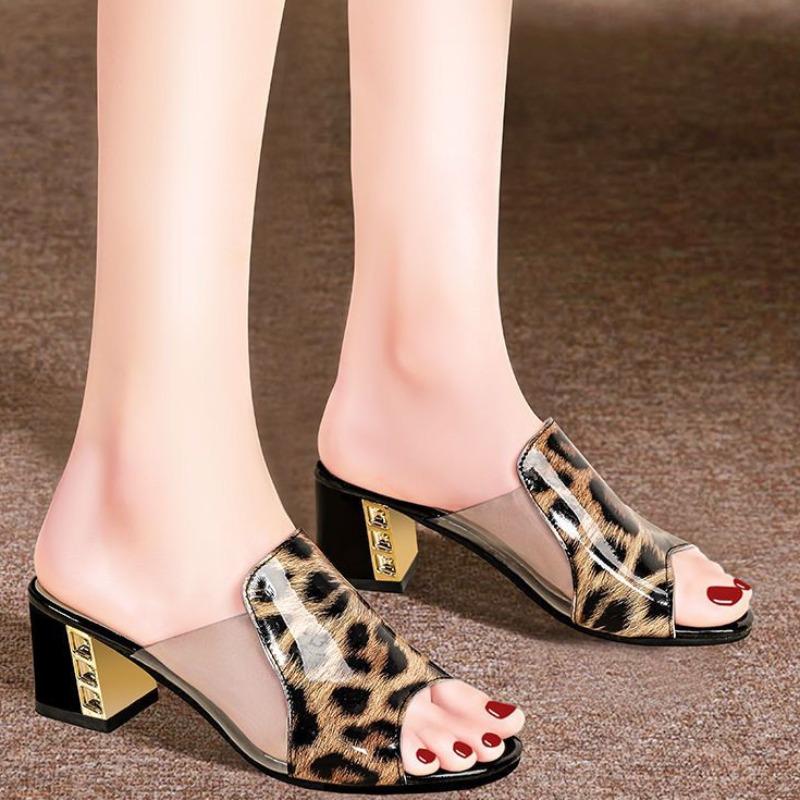 Sommerschuhe für Damen Leopard Zehenfrei Damen Chunky Heel Pantoletten Kleid Party High Heel Damen Pantoletten Schuhe Damen Mules 41 schwarz
