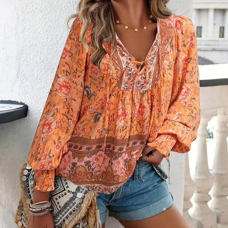 Bluse mit V-Ausschnitt und Blumendruck, lässige Bluse mit V-Ausschnitt und Blumendruck, lange Ärmel mit Kordelzug für Frühling und Herbst – Damenbekleidung XL orange