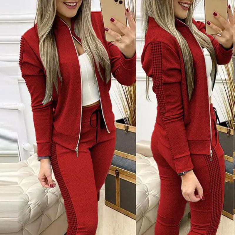 Damen Zweiteiler Outfits Herbst Damen Trainingsanzug Reißverschluss Oberteil Hose Casual Sportanzug Winter 2-teiliges Damen Set M rot