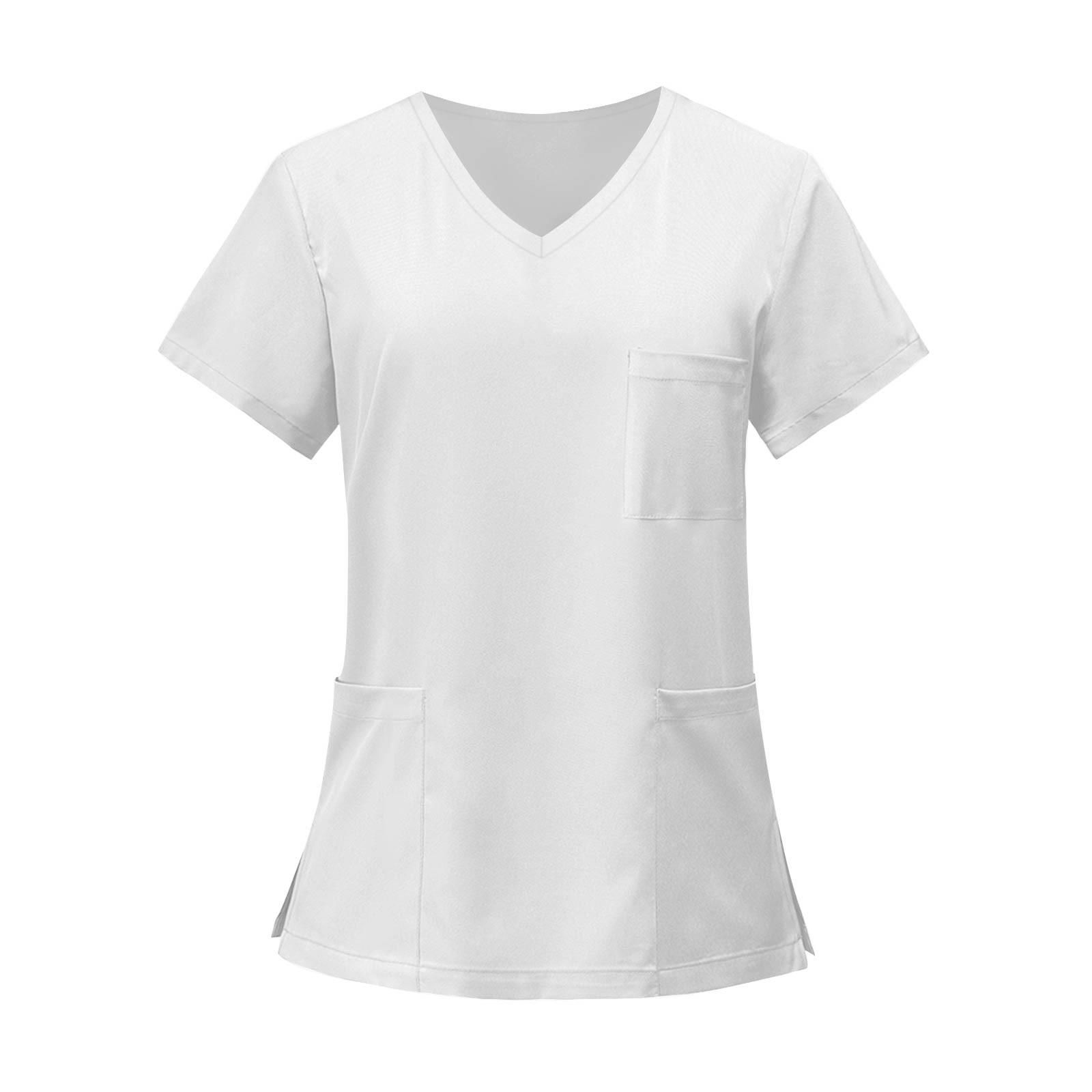 Damen V-Ausschnitt Kasack Kurzarm Einfarbig Uniformhemd Mit Mehreren Taschen Für Medizinische Zahnärztliche Klinik Arbeitskleidung M weiß