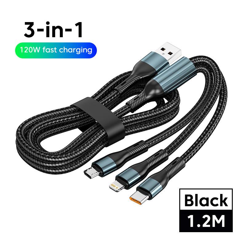 120W 1,2M 3-in-1-USB-Schnellladekabel Typ C Lightning Micro-USB-Kabel Datenkabel für iPhone 16 15 Realme Samsung Huawei-Telefon USB-Ladekabel 1.2m schwarz