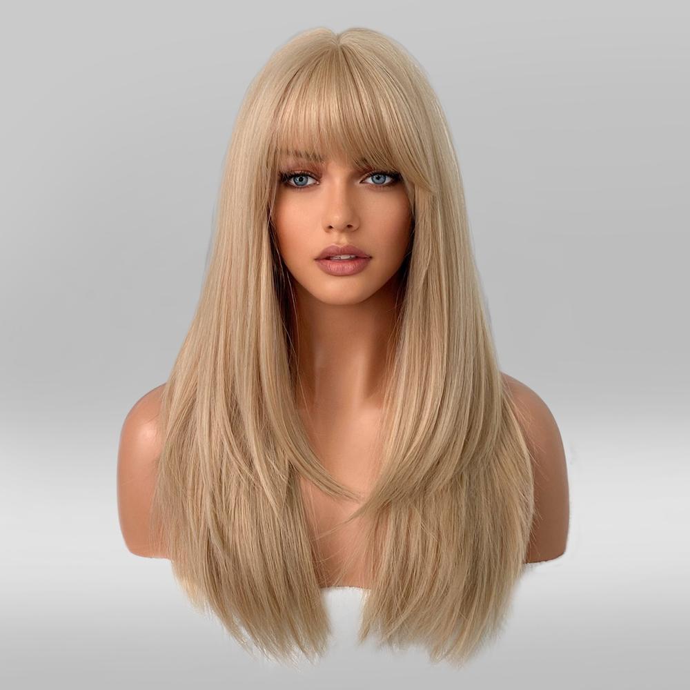 Blonde synthetische Perücken mit Pony für Frauen, langes gewelltes Haar, Cosplay, Lolita, Party, natürliche hitzebeständige Perücken, Faser, tägliches Haar C-0342-1