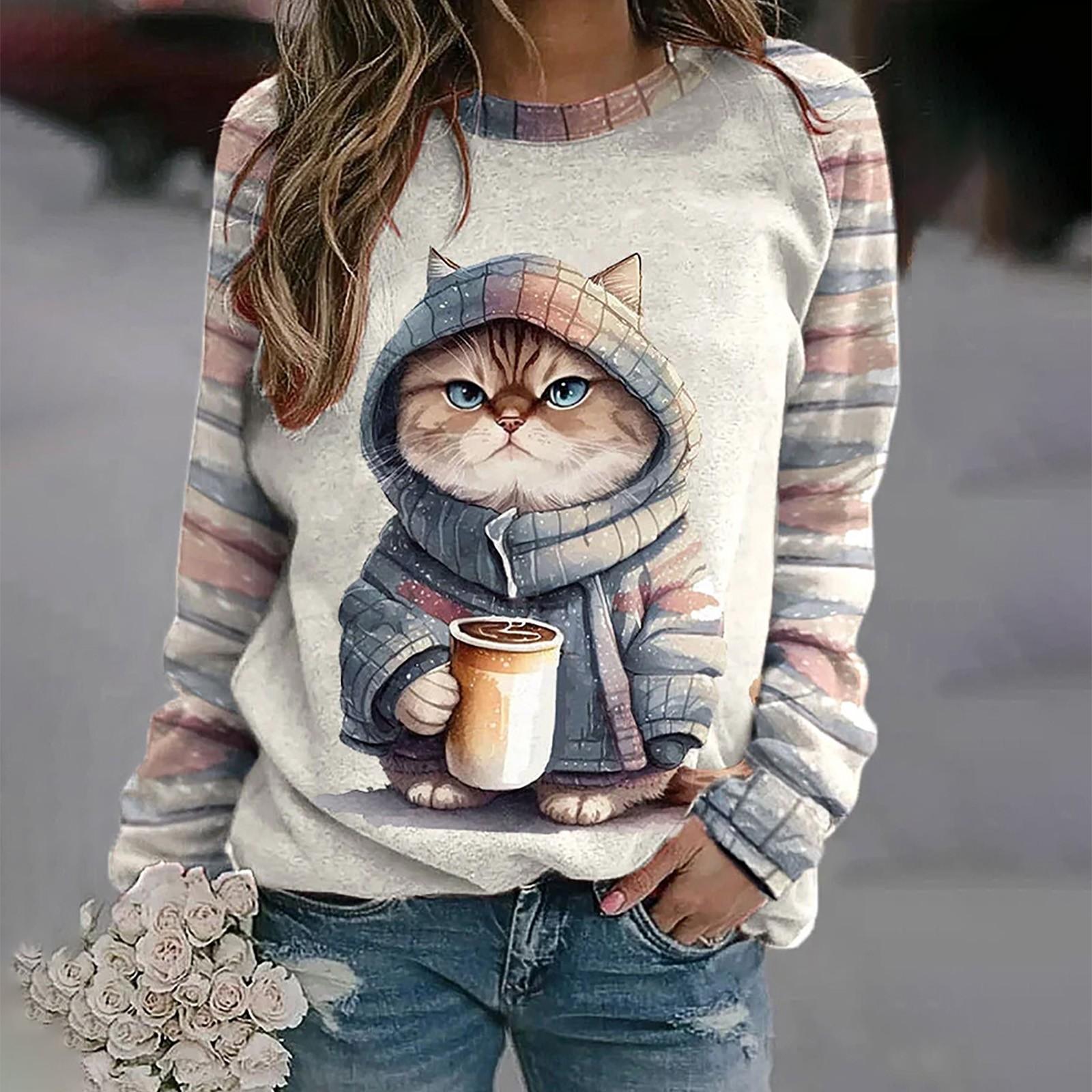 Damen Rundhalsausschnitt Gestreifter Katzen-Raglan-Langarm-Grafikdruck-Pullover Lässiger V-Ausschnitt Damen-T-Shirt-Pack Damen-Oberhemd-Knopf XXL
