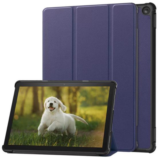 Tablet-Schutzhülle für Fire-HD 10, faltbar, schmal, einfarbig, stoßfest, Kunstleder, vollständige Abdeckung, ruhendes Tablet, dreifach faltbare Standabdeckung dunkelblaue