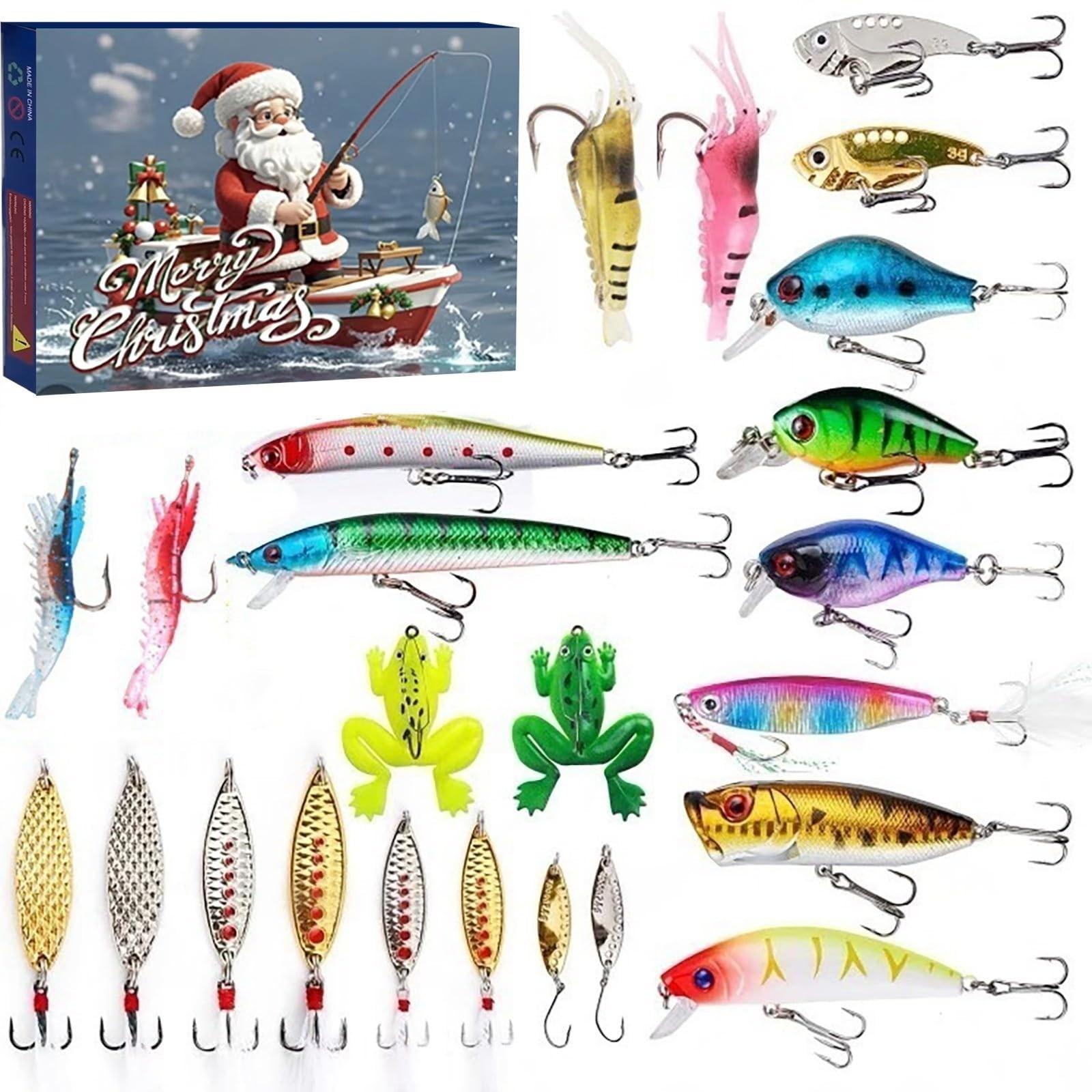24-teiliger Adventskalender zum Angeln, Weihnachts-Countdown, Adventskalender mit Angelzubehör für Fische, erwachsene Männer, Teenager, Jungen, Weihnachtsüberraschungsgeschenk One Size