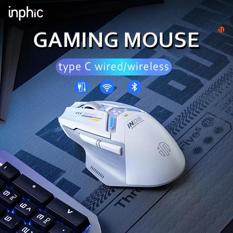 INPHIC IN9 Wiederaufladbare kabellose Gaming-Maus mit RGB-Beleuchtung, 10.000 DPI, 6 Tasten, programmierbare optische Bluetooth-Maus mit drei Modi 21x15x6cm weiß