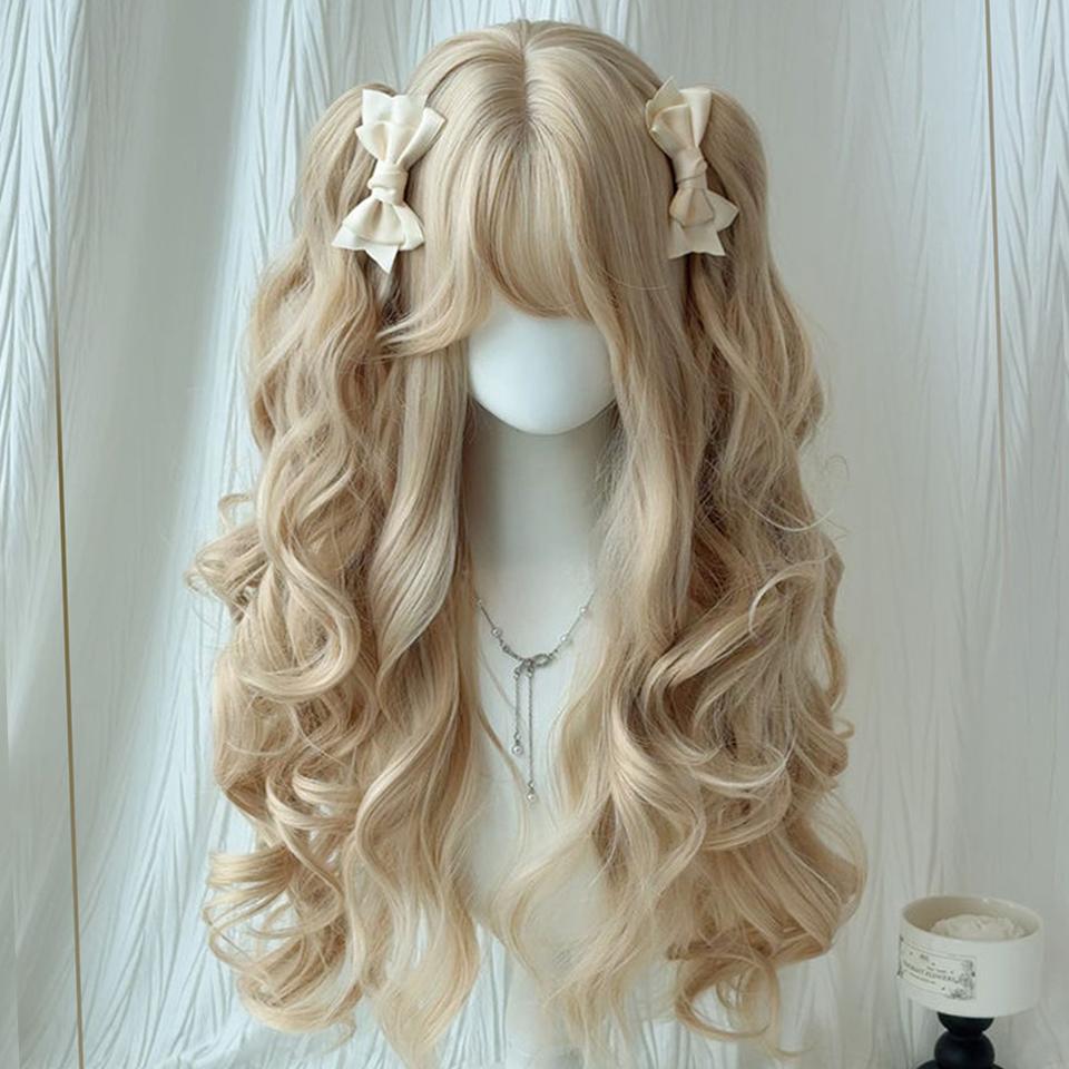 Gelockter doppelter Pferdeschwanz Perücke Synthetische Lolita Perücke Clip-in Doppelter Pferdeschwanz Gelockte Perücke mit Pony Geeignet für Halloween und Weihnachten 70CM