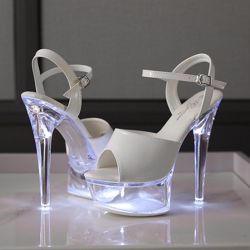 High Heel 15CM Nachtclub High Heels Sandalen Damenschuhe Leuchtende Laufsteg Pole Dance Schuhe Wasser LFD-190-A53 38 weiß