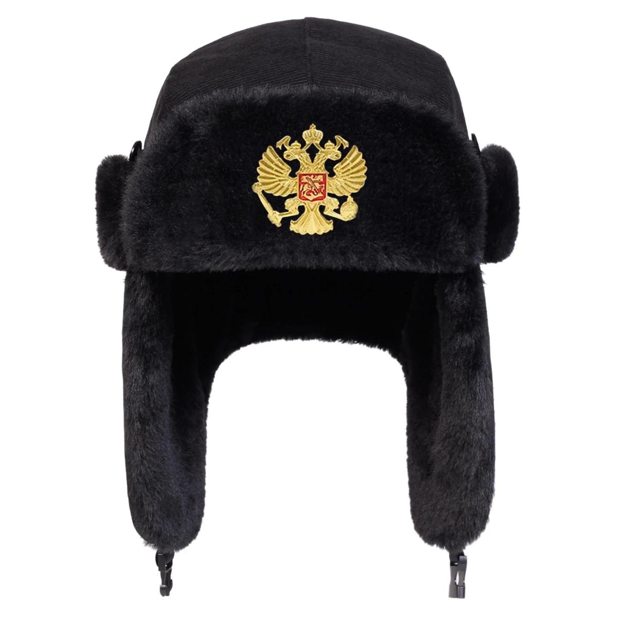 Unisex Doppelkopfadler Abzeichen Corduroy Lei Feng Hut Winter Ohrenklappenmütze Warm halten Skimütze Fliegermütze Zum Reiten Schneeaktivitäten black