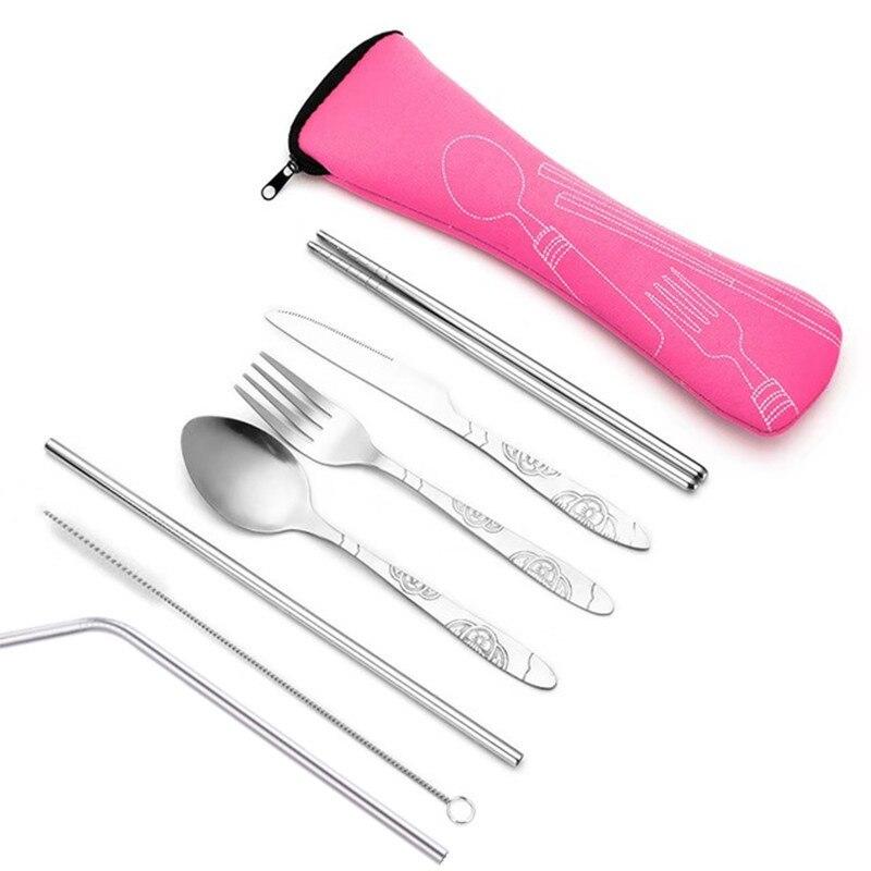7 teile/satz Edelstahl Geschirr Set Outdoor Tragbare Stoff Tasche Messer Gabel Löffel Stäbchen Stroh Reiche Blumen Sieben Sets rot