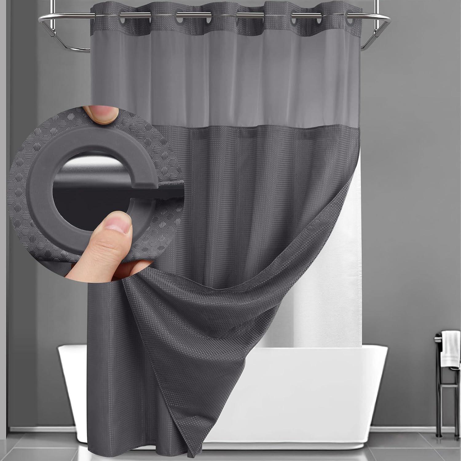 Hakenloses Duschvorhang-Set, Doppelt (mit Liner) Abnehmbarer weißer Duschvorhang 183*190cm dunkelgraue