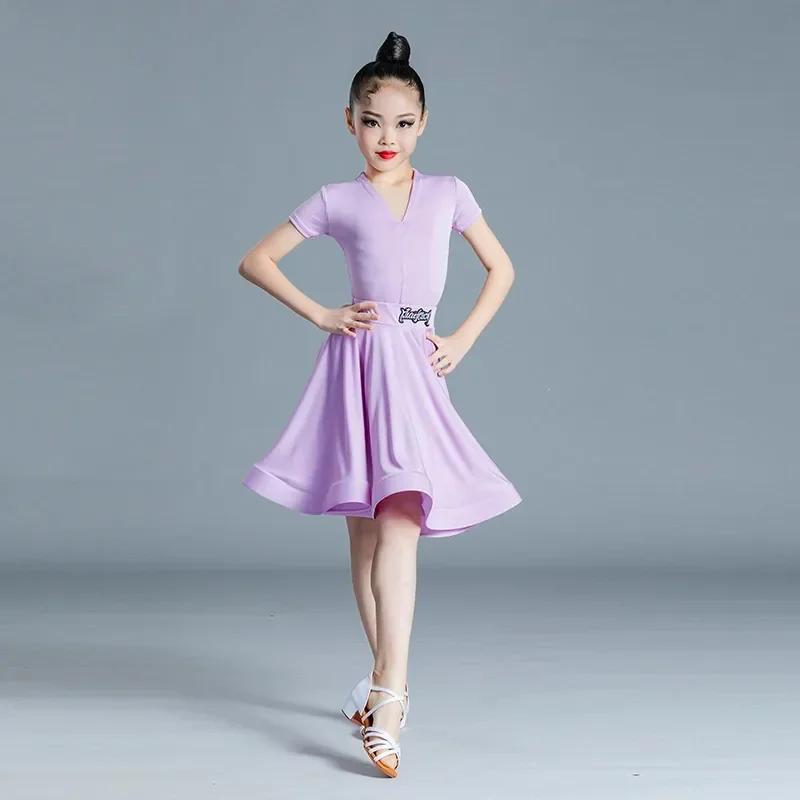 Kinder Latein Tanz Mädchen Tanz Übungs Kleid Latein Tanz Kleid Langarm Wettkampf Schlitz Kleid Damen Perfo 130 violett