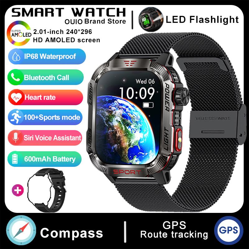 2025 neue GPS Smartwatch Männer 600mAh Uhr Sport Outdoor Uhr IP68 Wasserdicht Offline Karte 100 + Sport Modus smart smartwatch Silicone + mesh steel schwarz