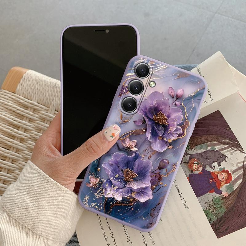 Marmor Blumen Hülle für iPhone Samsung A55 S24 S25 A06 Xiaomi Redmi Note 13Pro 14C Huawei Honor Realme Stoßfeste HandyStoßstange Anti-Kratzer Matte Hülle Samsung Galaxy Note 10 Lite 4G violett