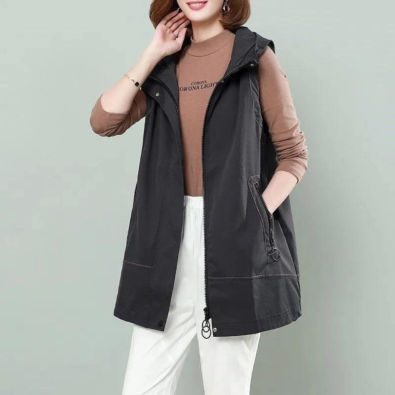 Damen Weste Jacke mittellang Frühling Herbst Weste lose ärmellose Jacken Reißverschluss Weste Mantel weiblich 5XL XXXL dunkelgrau