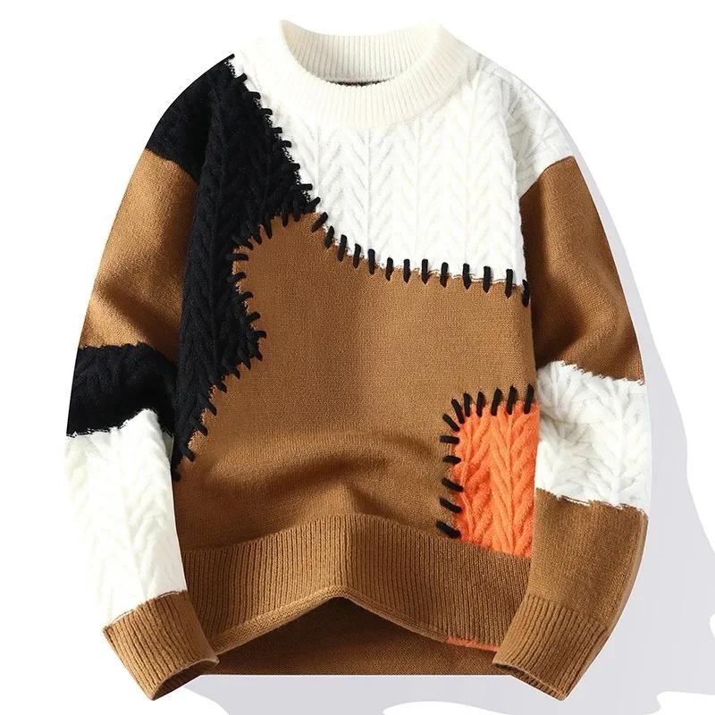 2024 herren Gestrickte Pullover Männer Mode Lässig Patchwork Pullover Herbst Winter Männer Dicke Warme Rundhals Gestrickte Männer Hohe-qualität Pullover XL khaki