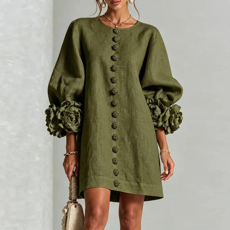 Damen Lockeres Minikleid Rundhalsausschnitt Puffärmel Langarm 3D Blumenmanschette Dekorativer Knopf Vorne Freizeit Leinenoptik Damen Kurze Kleider M grün