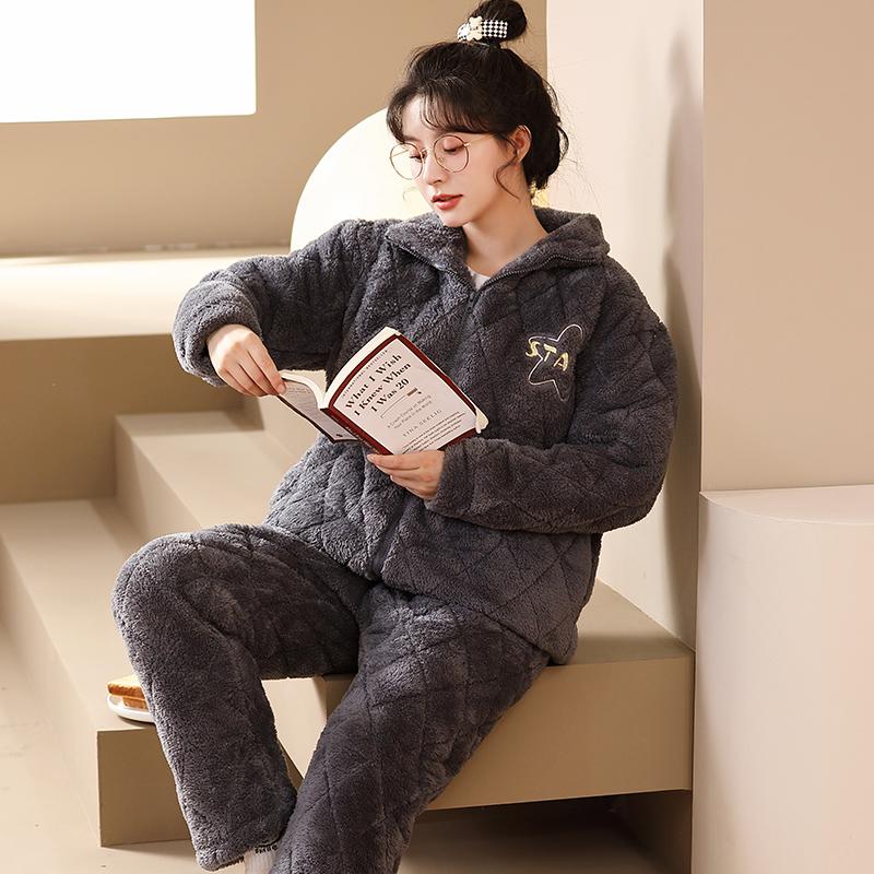 Niedlicher Schlafanzug mit Panda-Cartoon-Motiv, für den Winter, Flanell, warmer Schlafanzug für Damen, großer Schlafanzug, Schlafanzug aus Korallensamt, Heimkleidung für Damen M