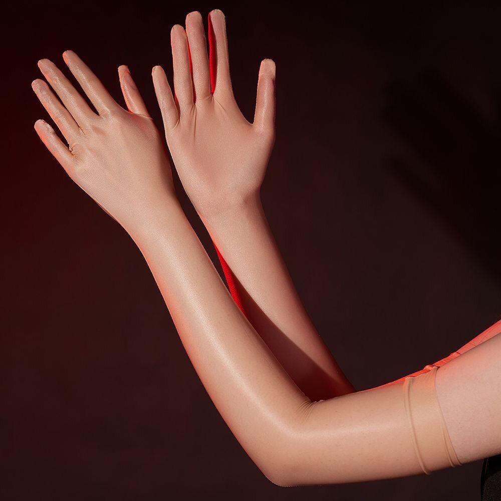 Ultradünne Lange Handschuhe Männer Und Frauen Sexy Öl Glänzend Party Cosplay Handschuhe Männlich Volle Finger Enganliegende Fäustlinge Aurora Handschuhe Nachtclub One Size beige