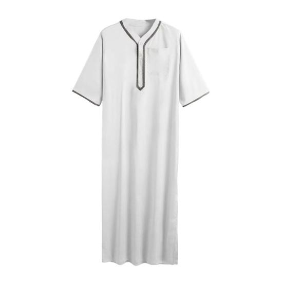 Yousheng Herren Kaftan Robe Einfarbig Halbarm Lang Thobe V-Ausschnitt Abaya Gebetskleidung Ihram Robe für Sommer Alltagskleidung XL weiß