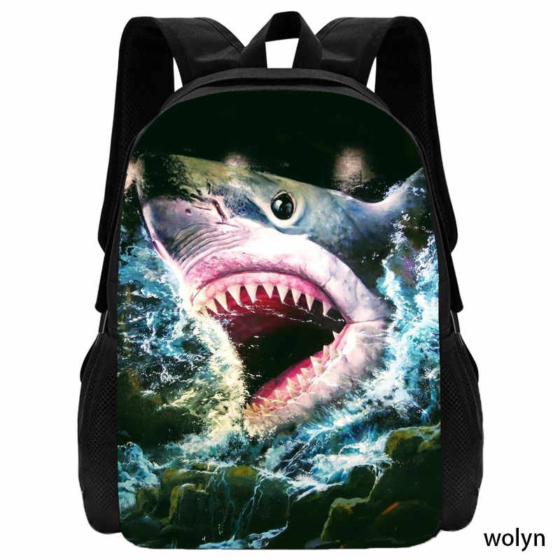 Mochila Schulrucksack mit 3D-Haifisch-Aufdruck für Kinder, Schultaschen mit Cartoon-Tier-Aufdruck für Jungen und Mädchen, leichter Kinderrucksack 15 inches gray