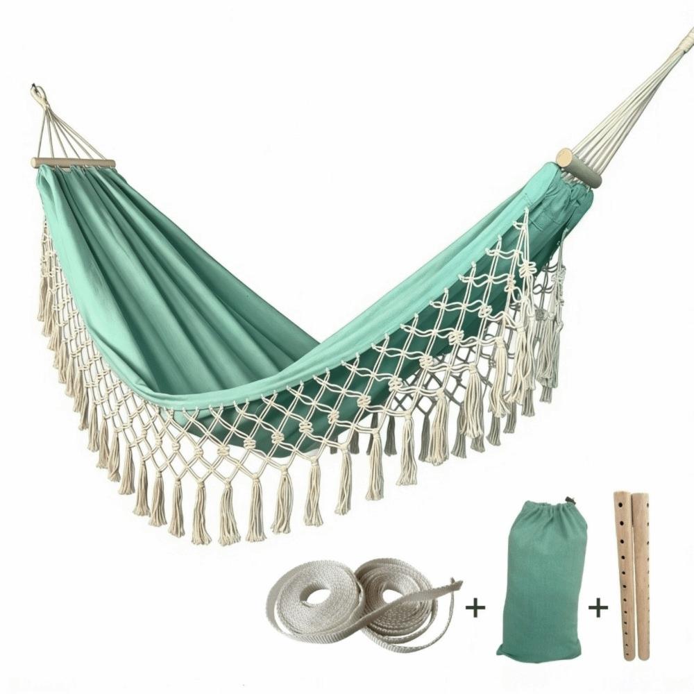 Bohemian-Stil Doppelhängematte Segeltuch Gartenschaukel Hängematte Stilvolle Camping-Hängematte Outdoor grün