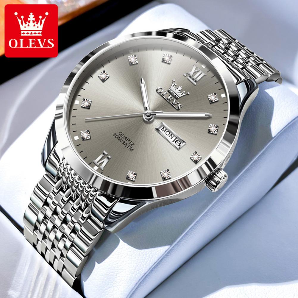OLEVS Herrenuhr Klassische Mode Business Wasserdicht Edelstahl Doppelkalender Quarzuhr Luxusmarke Herrenuhr graue/silber