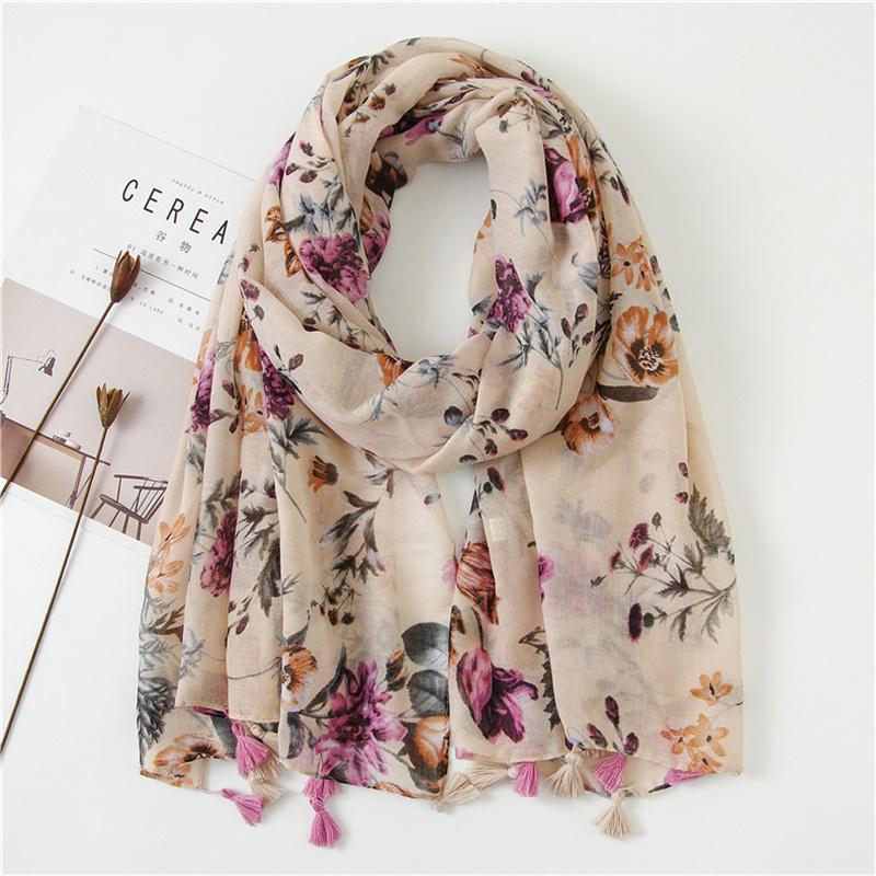 Modischer bedruckter Schal mit Fransen und Blumenmuster, Baumwolle Viskose Schal, Damen Strand Sonnenschutz Schal, Muslimisches Hijab Tuch Kopfbedeckung 180*90cm beige