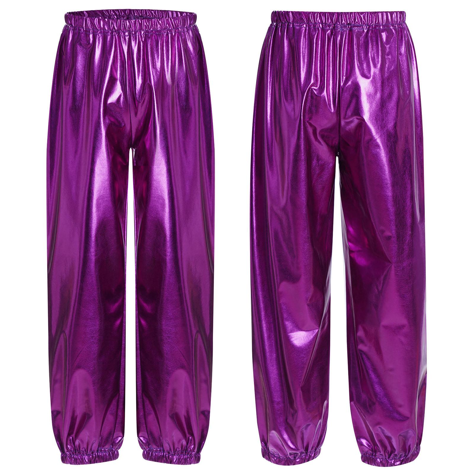 Kinder Jungen Mädchen Metallic Glänzende Hose Hose Jazz Dance Cheerleading Bühnenkostüm für Geburtstagsparty Schulshow 13-14 Years violett