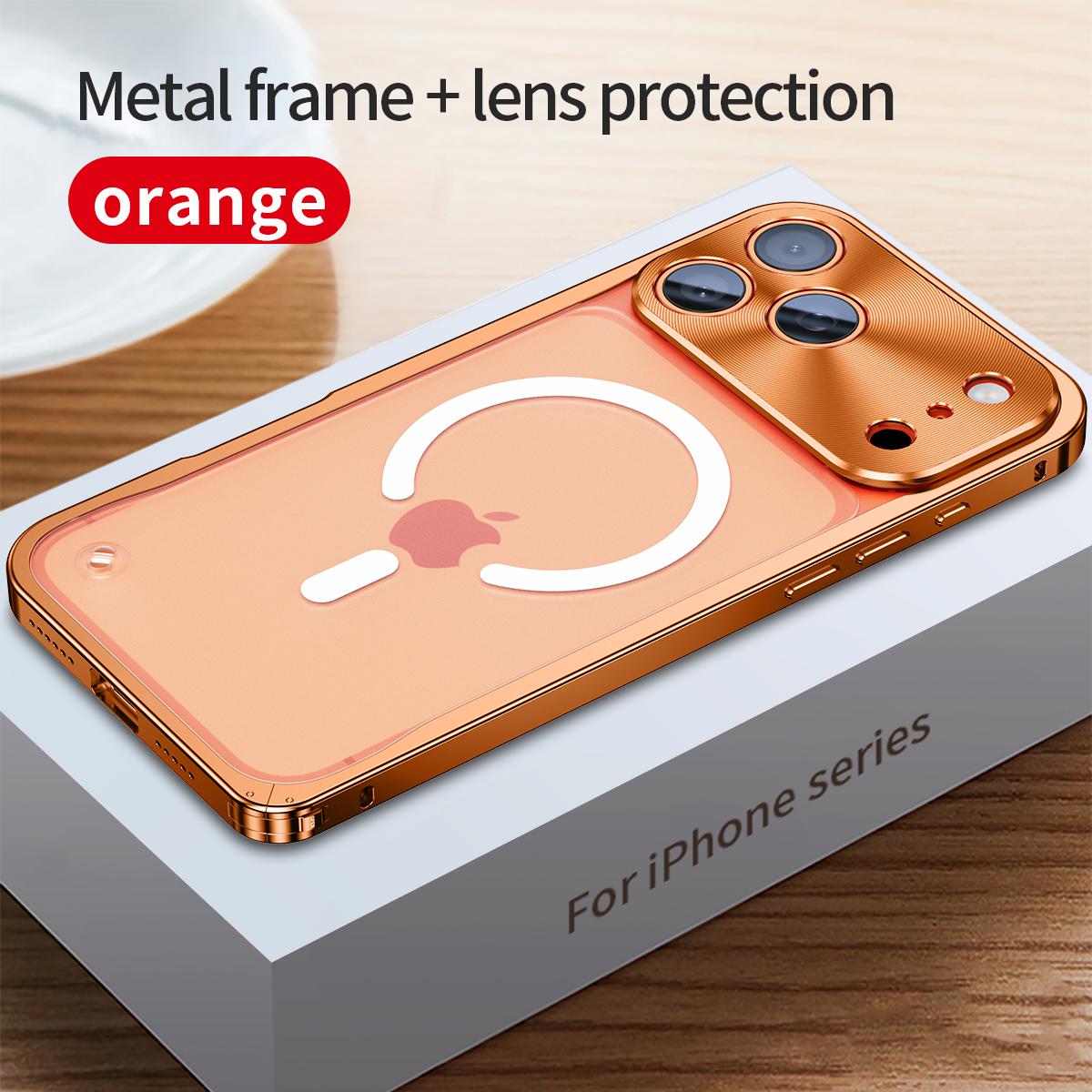 Magnetische Handyhülle mit Metallrahmen für iPhone 17 12 13 14 15 16 Pro Max Aluminiumlegierung Vollständiger Objektivschutz Abdeckung für iPhone 16 Galvanisierte Metall-Rückseite iPhone 17 Pro orange