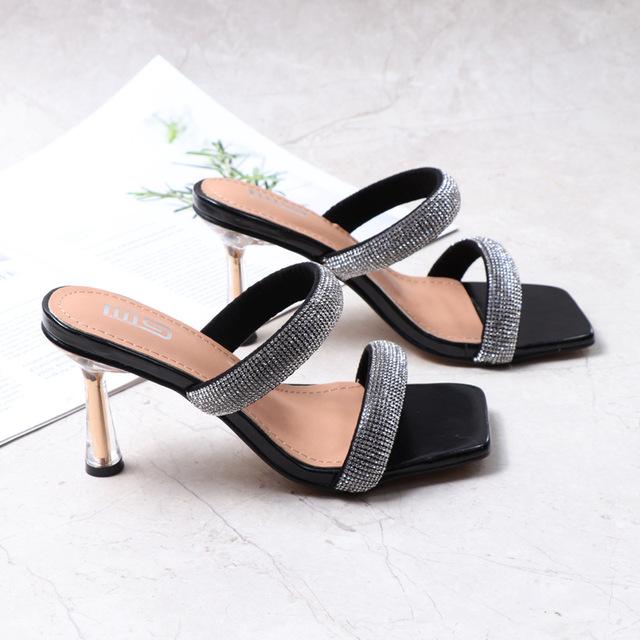 Damen 8,5 cm High Heels Pantoletten Slides Damen Stabile Champagner Heels Hausschuhe Sommer Kristall Glitzer Plateau Fetisch Schuhe 35 schwarz