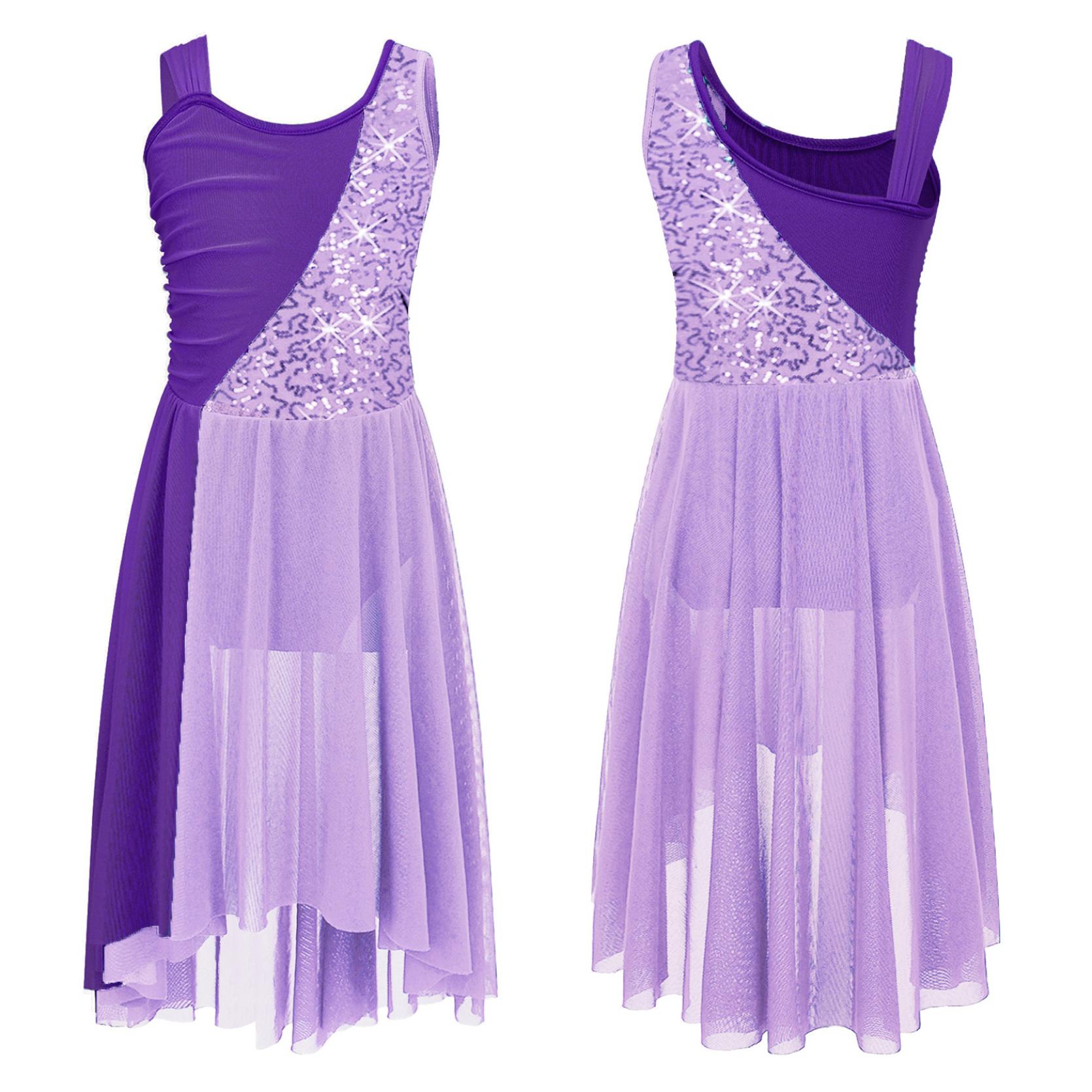 Kinder Mädchen ärmellose Chiffon Lyrical Dance Kostüme Farbblock Trikot Kleid moderne zeitgenössische Kleider 7-8 Years lavendel