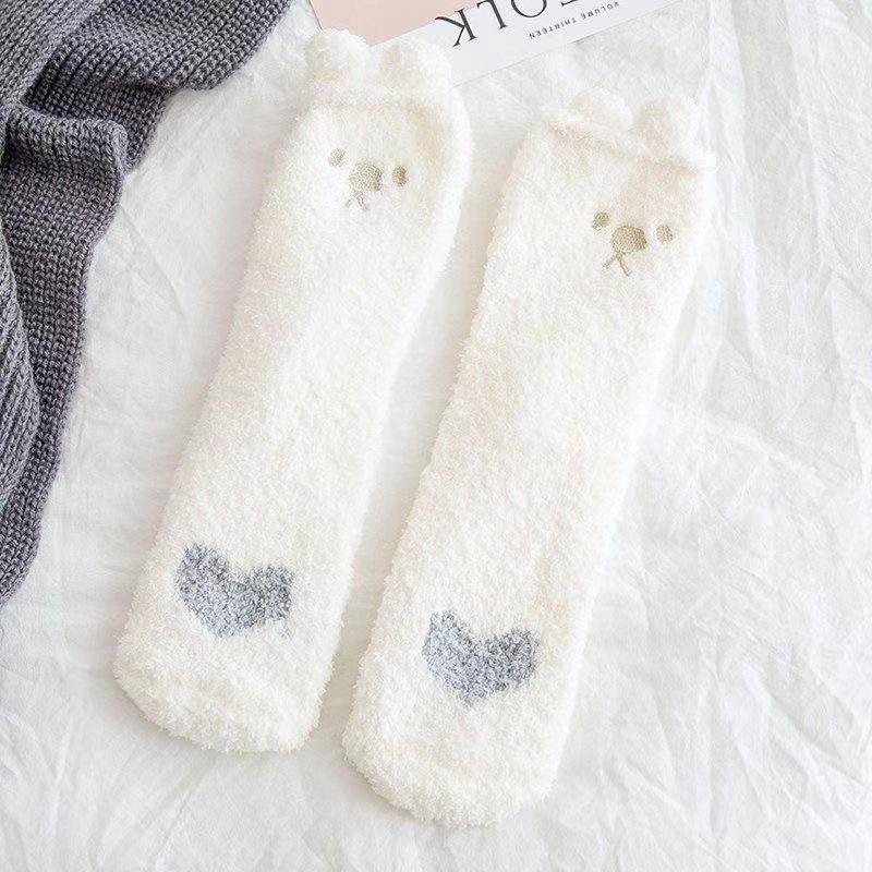 Damen Korallfleece Cartoon Hasenohren Socken Mittelhohe Socken Extra Dicke Warme Haussocken Schlaf-Socken One size weiß