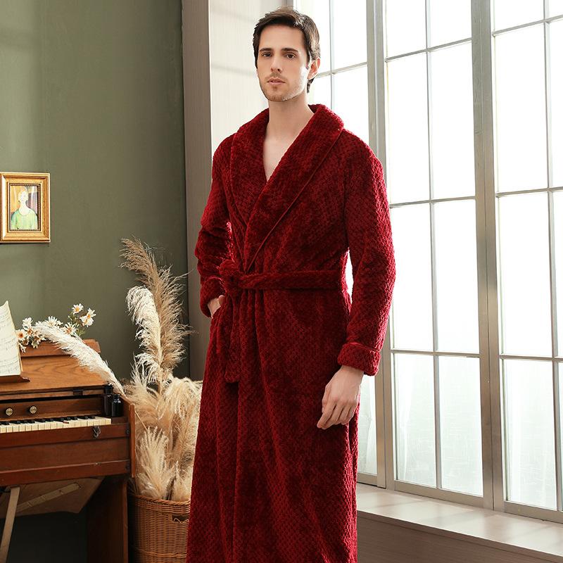 Übergröße Herren Herbst Winter Bademantel Paar Verdickter langer Bademantel Solide Loungewear mit Taillenband und Taschen XXXL wein rot