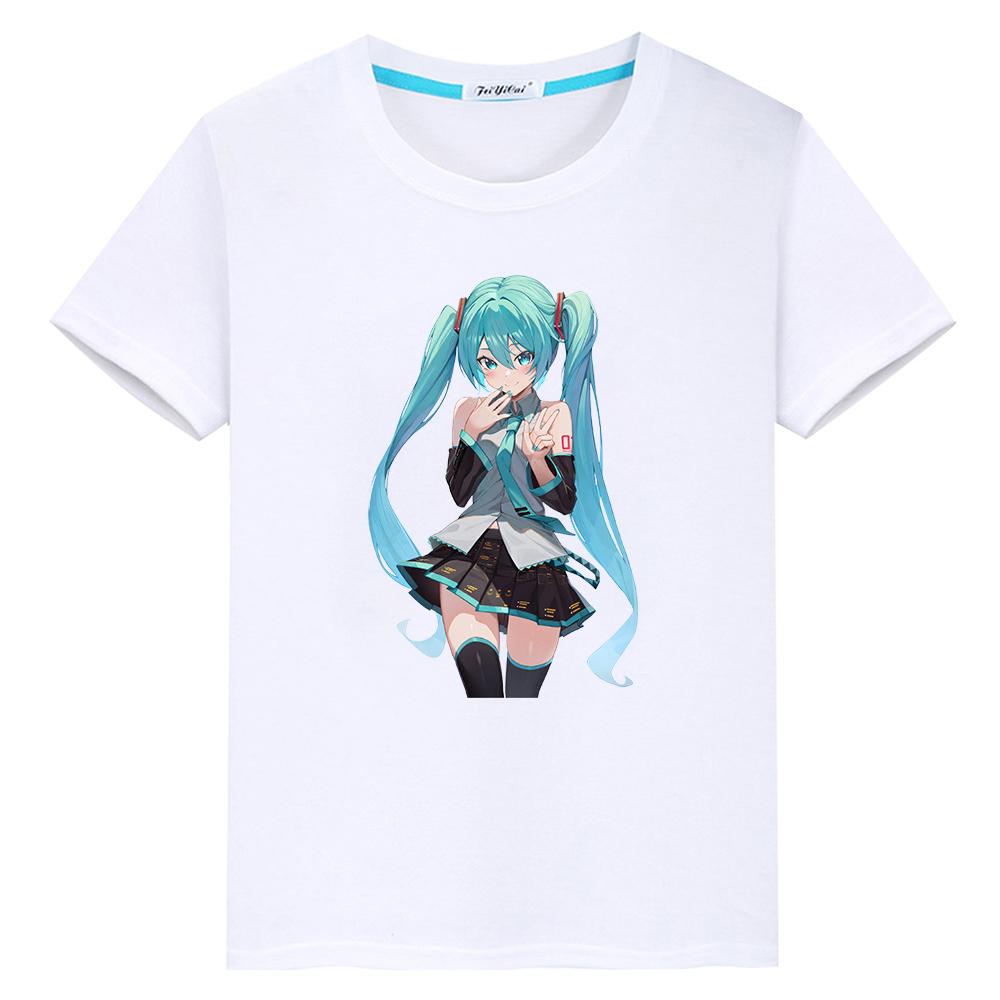 T-Shirt für Kinder Jungen 10 Jahre Hatsune Miku Druck Kawaii 100% Baumwolle Anime Kurz Stolz T-Shirt Y2K Kleinkind Mädchen Kleidung Kinderkleidung 140 weiß