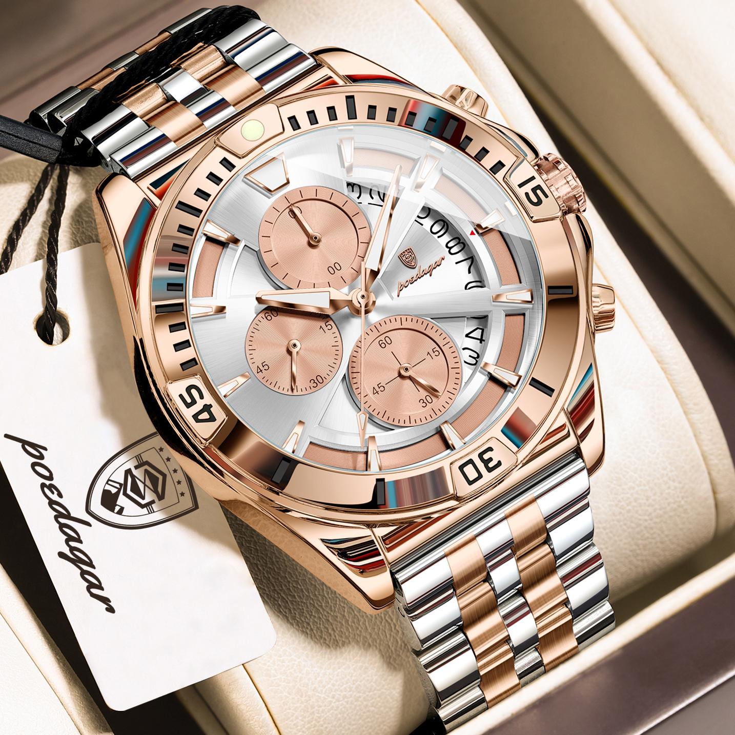 POEDAGAR Luxus Sport Herren Armbanduhr Wasserdicht Leuchtend Chronograph Datum Quarz Herrenuhren Lässig Edelstahl Uhr weiß/rose gold