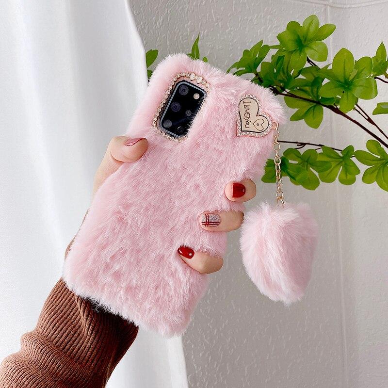 Liebe Herz Anhänger Kaninchen Pelz Fall für Samsung Galaxy S21 S20 S10 S9 S8 Plus S7 A13 A33 A53 A12 a22 A32 A52 A21s A31 A51 A71 Haar Plüsch Telefon Fall samsung A71 4G rosa