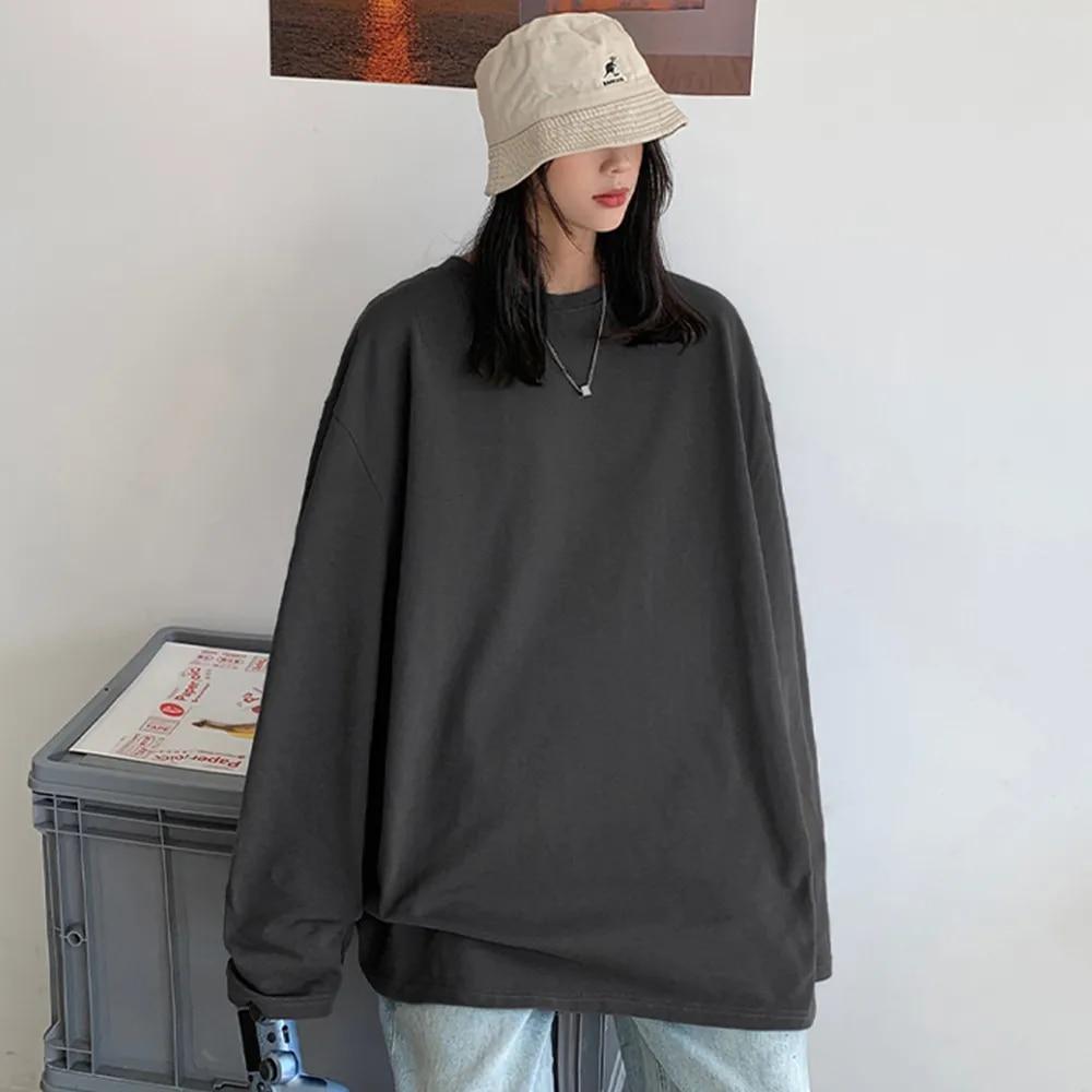 100% Baumwolle 20224 Frühjahr Neue Langarm T-Shirt Frauen Basic Tee Shirt Übergroßen T Shirt Frauen Casual Oansatz Frauen T-shirt UNS größe US M dunkelgrau