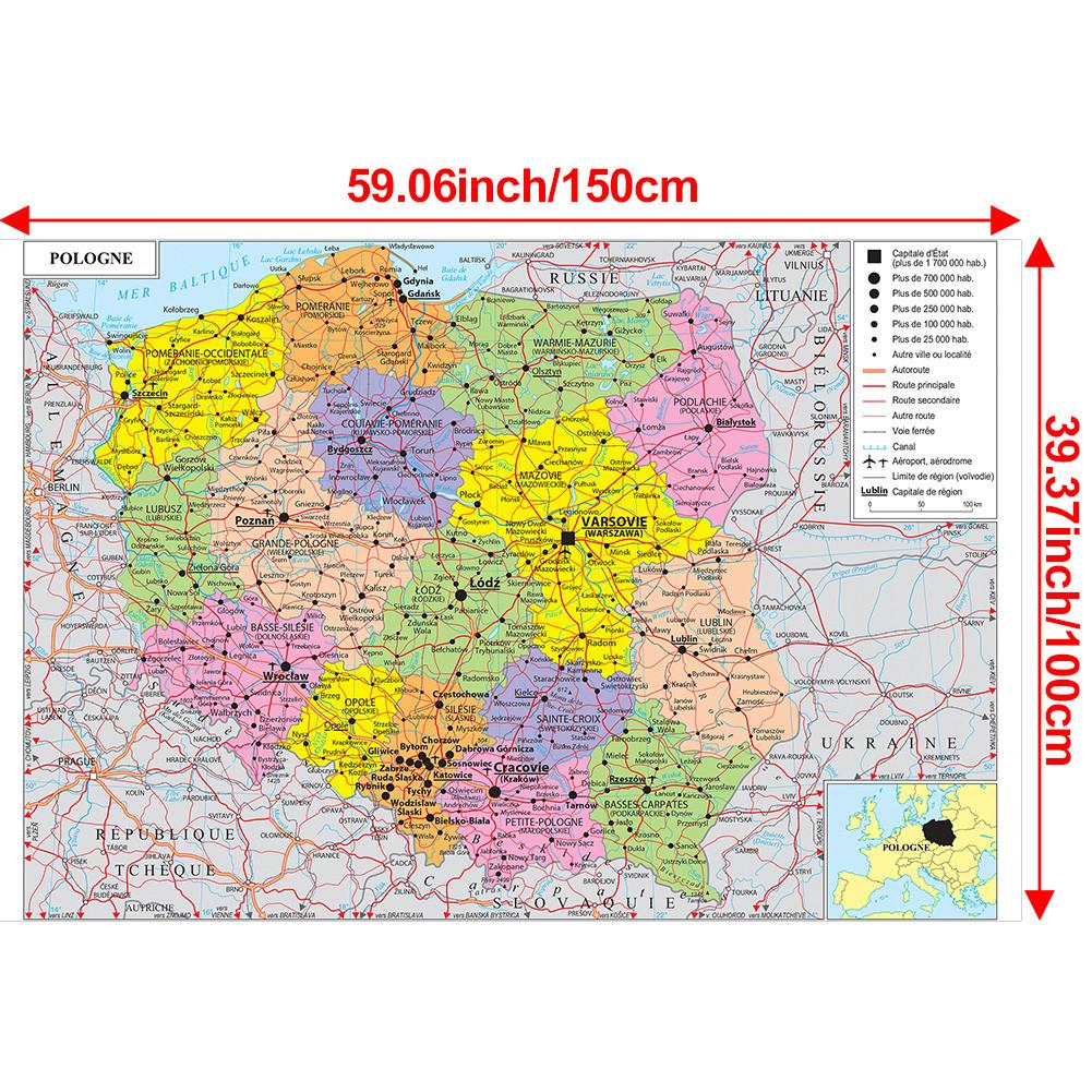 Französische Serie Karte - Polen Administrative Karte, Wanddeko, Geschenk, Reise-/Bildungswerkzeug, für Wohnzimmer, Badezimmer, Homeoffice 150*100cm