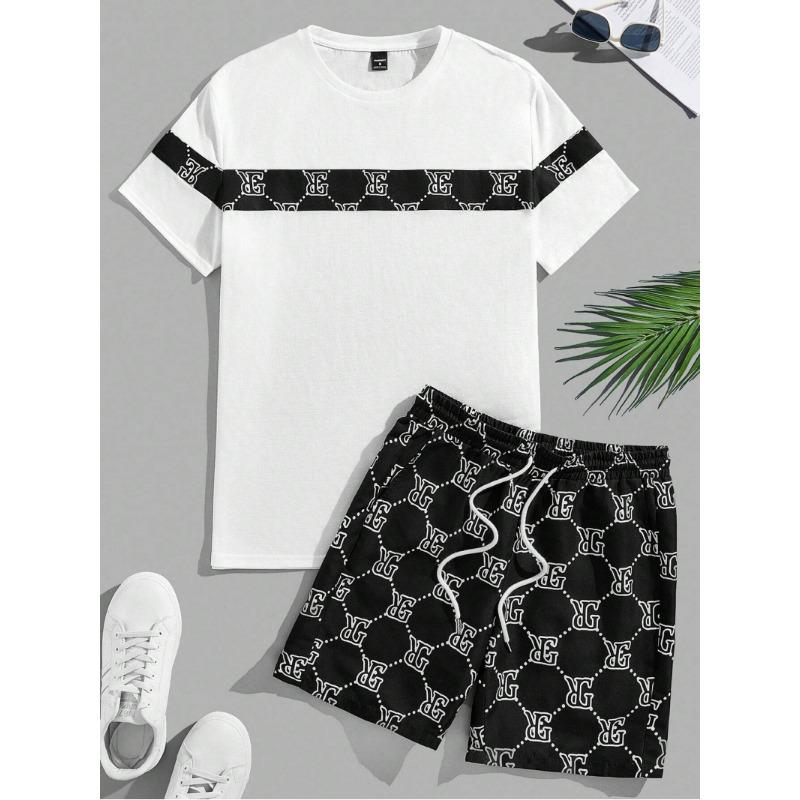 Herrenanzug Retro Fashion Letters Printed Rundhals T-Shirt Shorts Anzug Bequemer und atmungsaktiver zweiteiliger Herrenanzug S