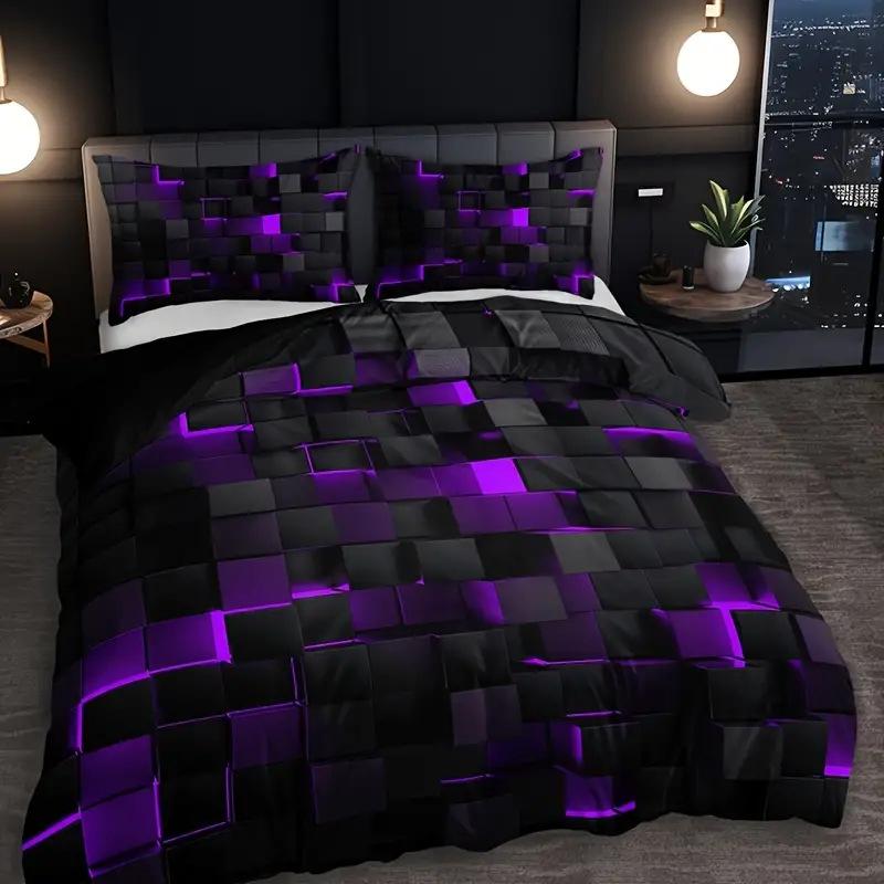 Grid Series Bettwäsche-Set Digitaldruck Weicher Bettbezug für Schlafzimmer Gästezimmer 2-teilig 3-teiliges Bettdecken-Set 173 x 218cm violett