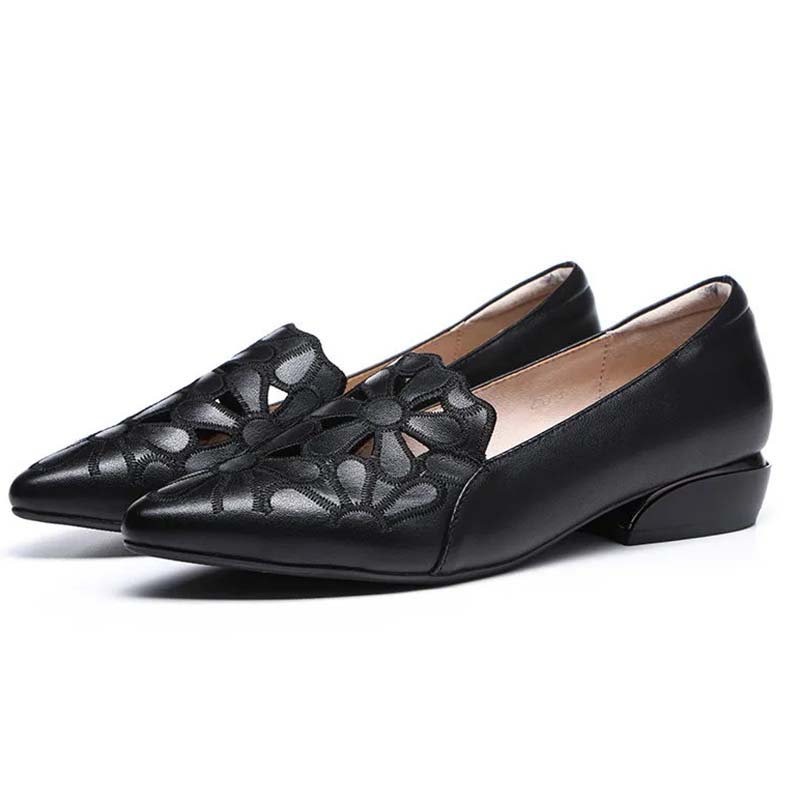 Weiches Leder, geschnitzt, hohl, Damen-Lederschuhe, Mokassin, Arbeitsschuhe, Spitze, dicker Absatz, weiche Sohle, Sandalen, bequem, modisch, Frühling und Sommer 40 schwarz