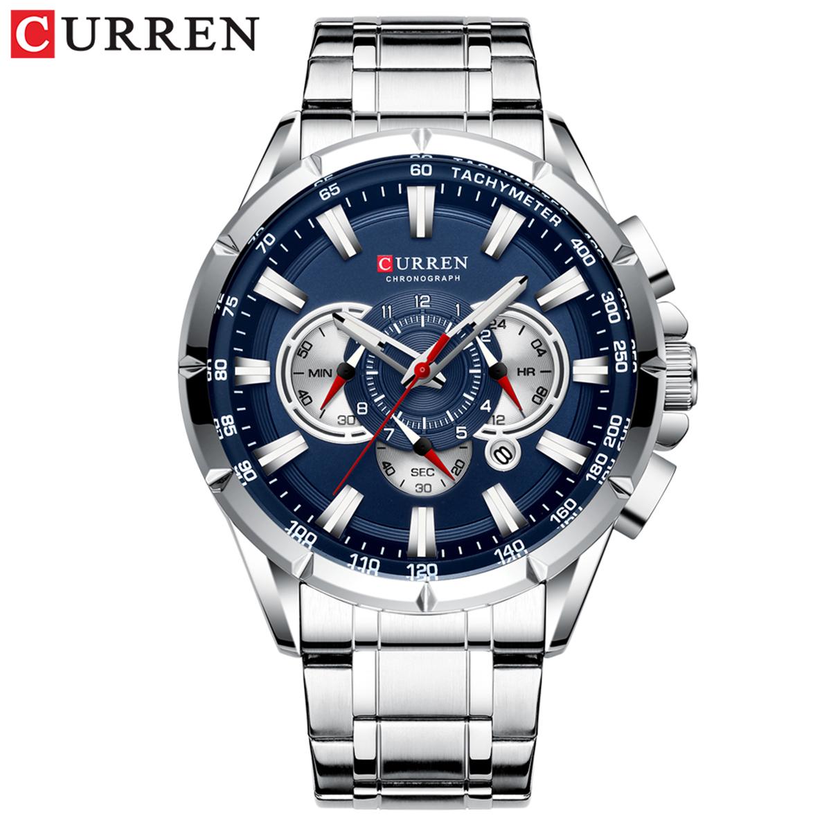CURREN 8363 Uhr Quarz Herren Armbanduhr Uhren mit Edelstahlarmband Drei Hilfszifferblätter Kalenderanzeige Wasserdicht silber/blau