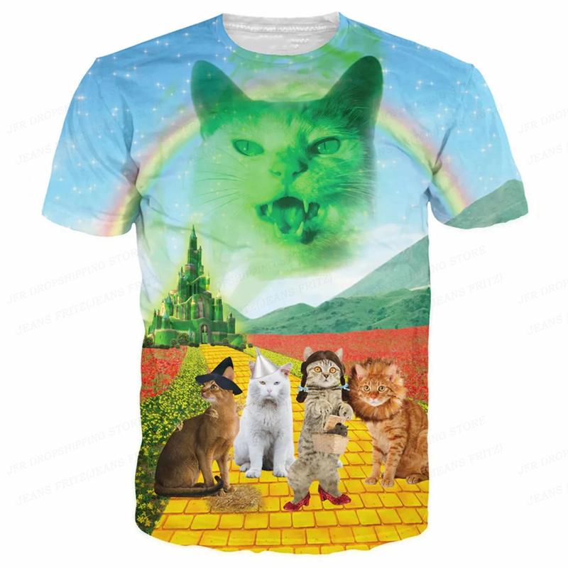 3D Gedrucktes Lustiges Katzen T-Shirt für Männer Tierfutter Muster T-Shirts Street Oversize Kurzarm Locker O-Ausschnitt Oberteile 2XL
