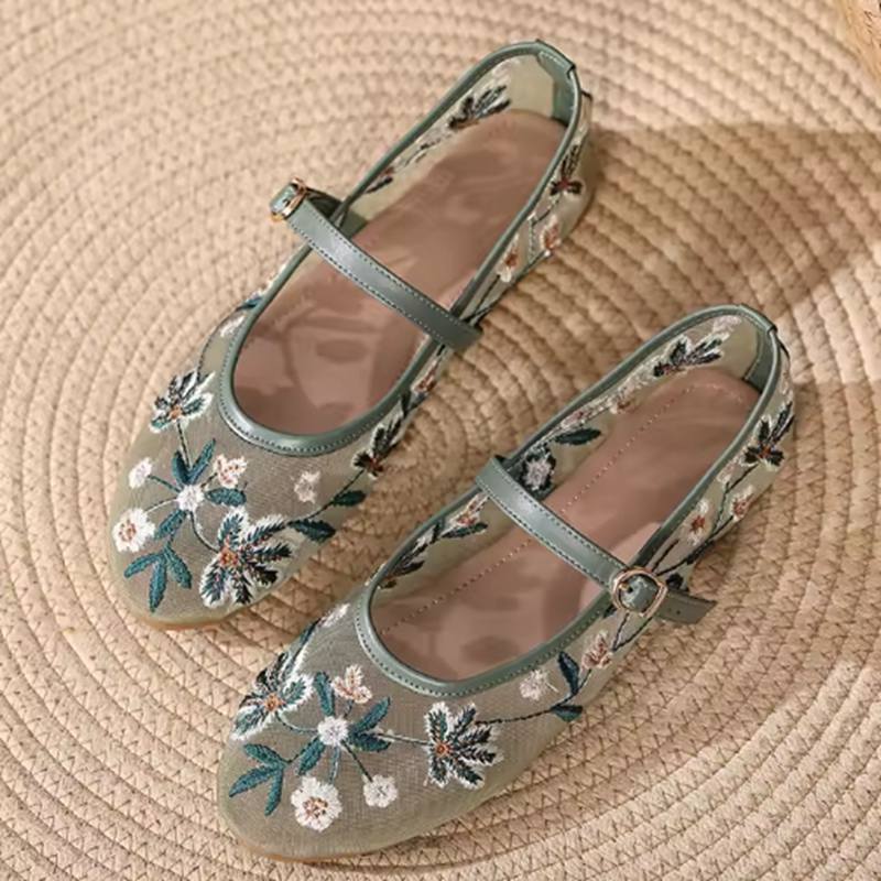 Florale Stickerei Mesh Mary Janes Schuhe Damen Transparent Elegant Ballerinas Schuhe Damen Lässige Sommer Atmungsaktive Slipper Schuhe 38 grün