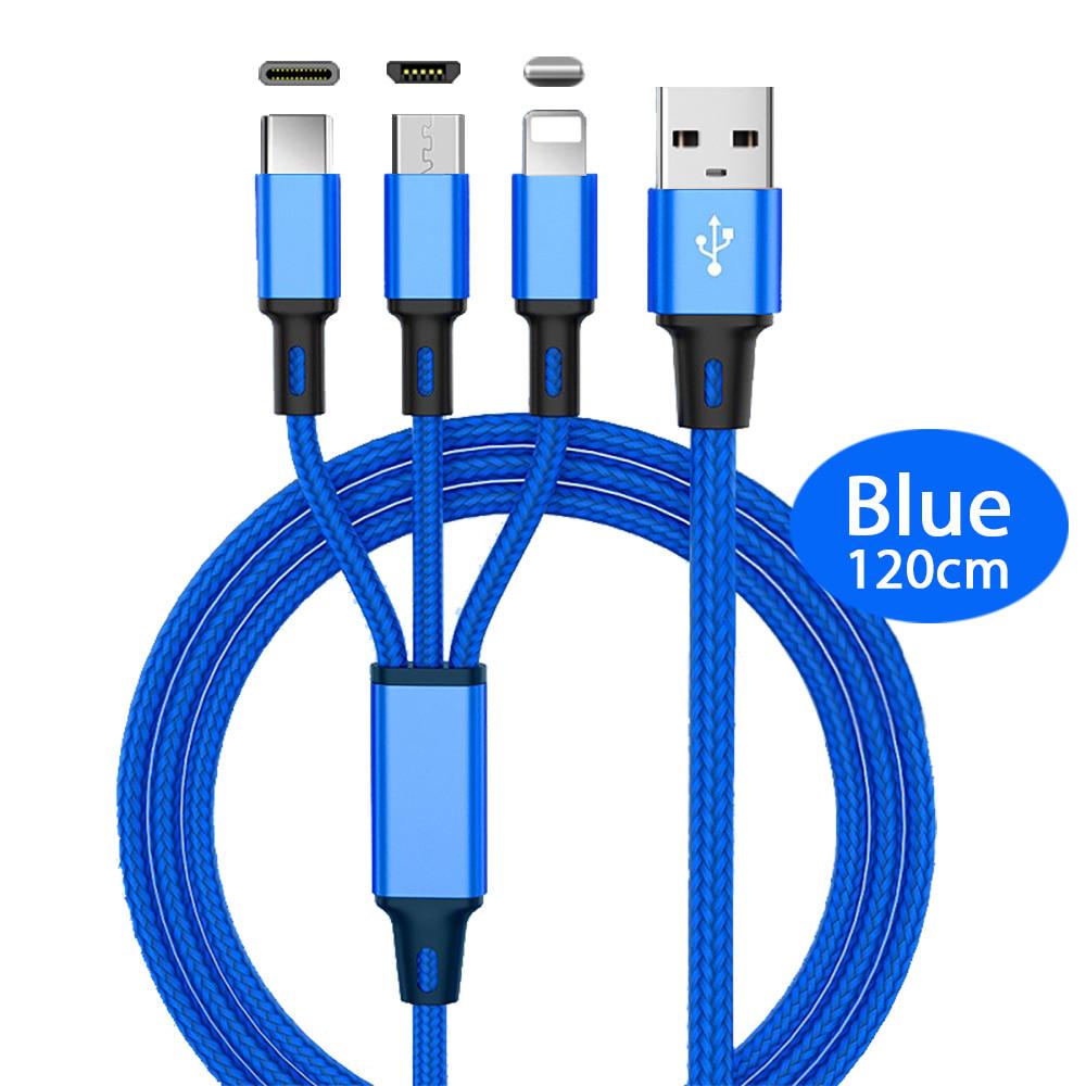 3-in-1-Schnellkabel für Mobiltelefon-Schnellladegerät, Micro-USB-Kabel, Typ C, Android-Ladekabel für iPhone, drei Datenladekabel blau